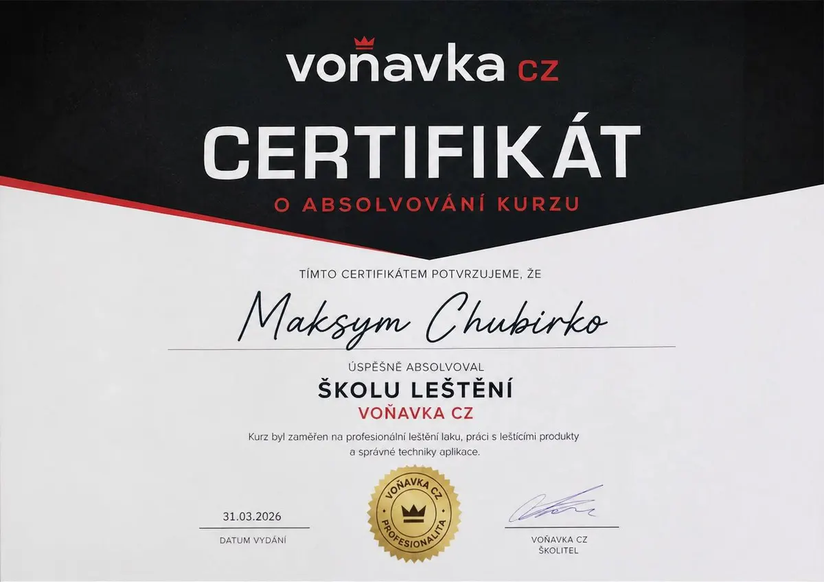 Certifikát Voňavka CZ — Škola leštění, Maksym Chubirko